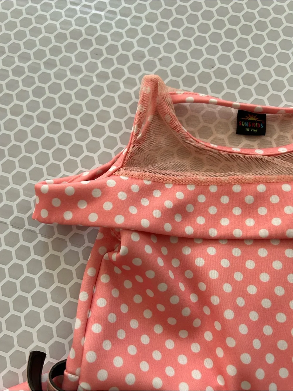 Sun Kids Coral Pink Polka Dot Fit & Flare Dress with Belt. Size 10